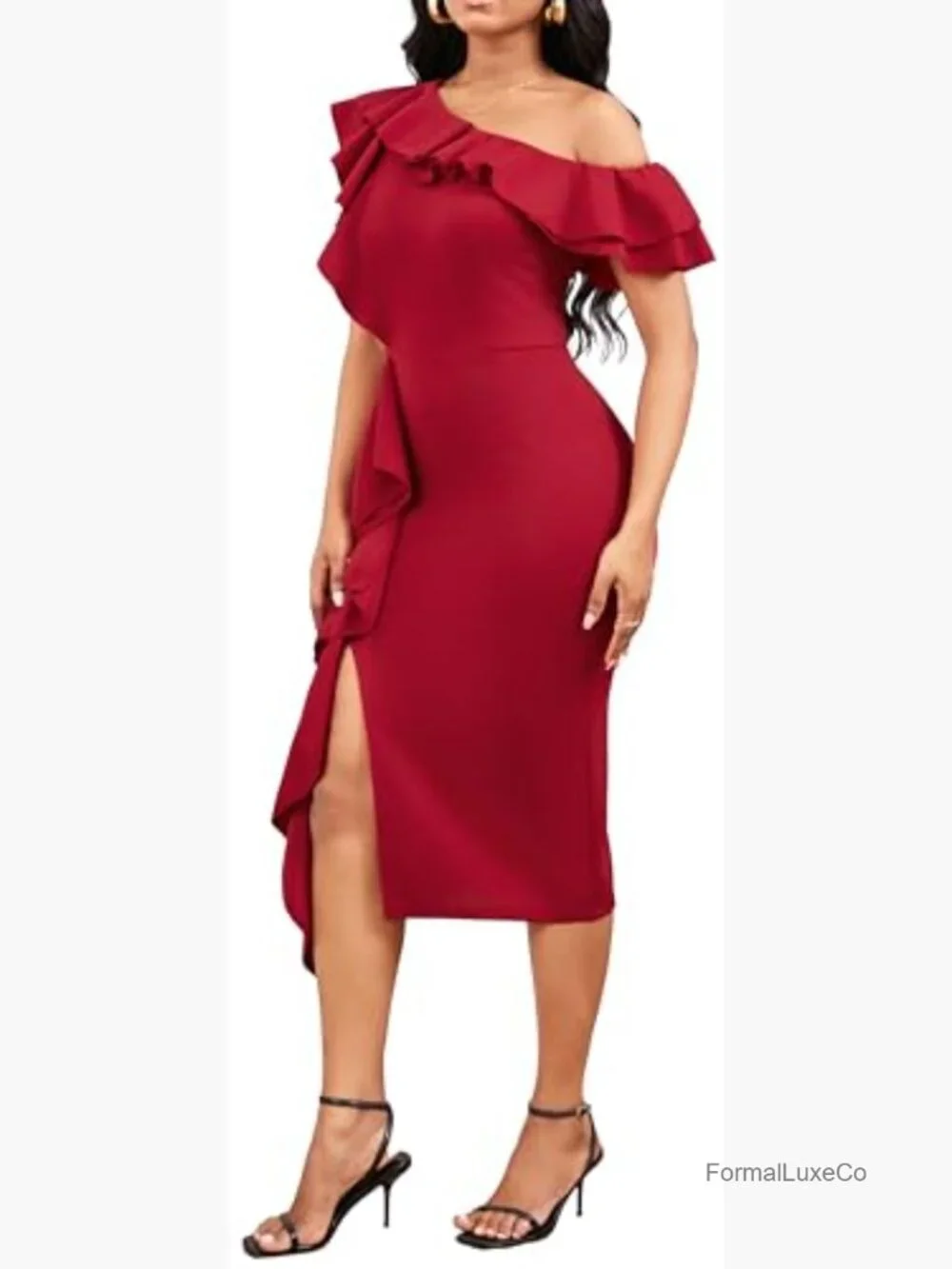 Long Sleeve Ruffle Pencil Dress with Belt - Picture 4 of 5